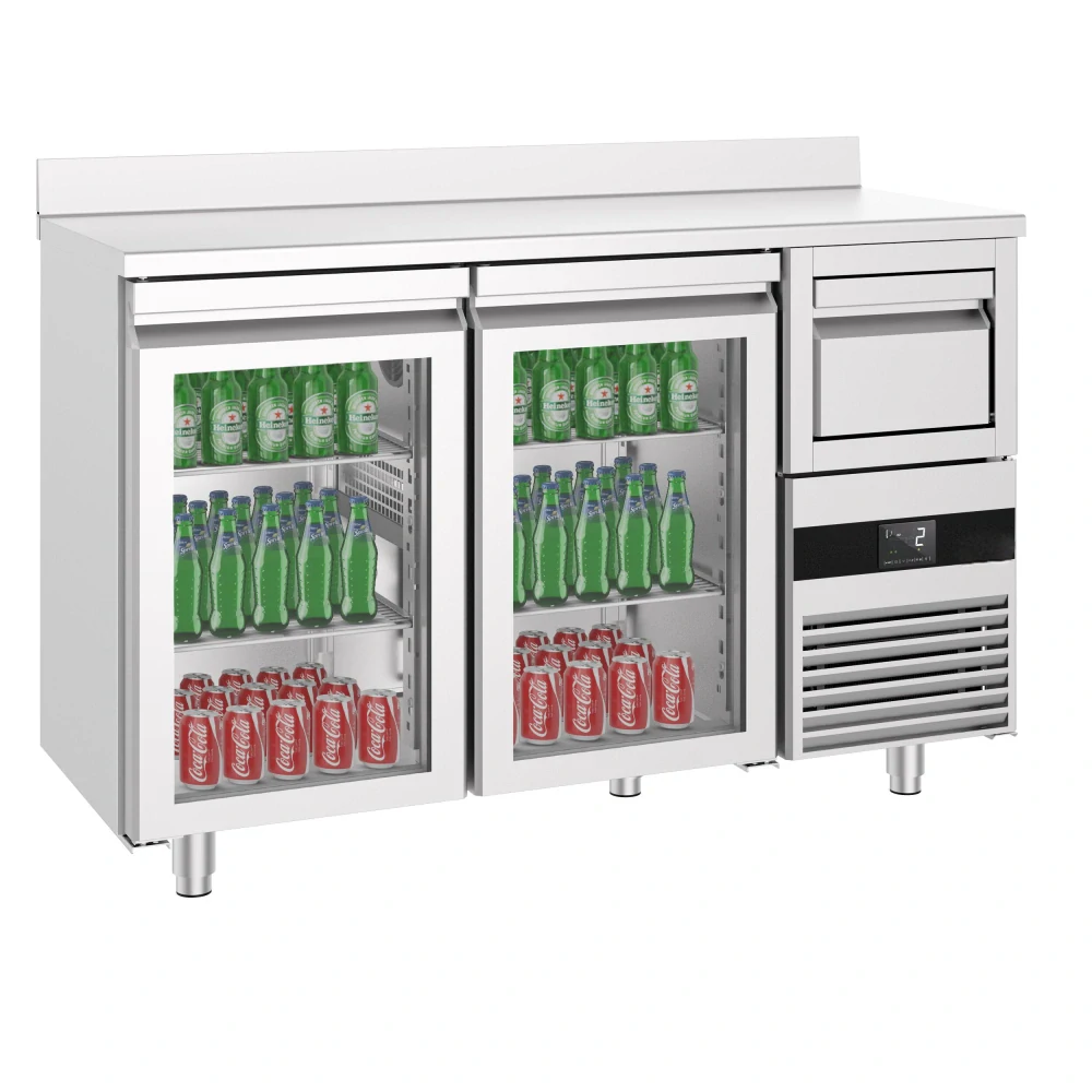 Barový chladicí stůl PREMIUM - 1580x600 mm - se 2 skleněnými dveřmi, zadní lištou & odklepávačem na kávu