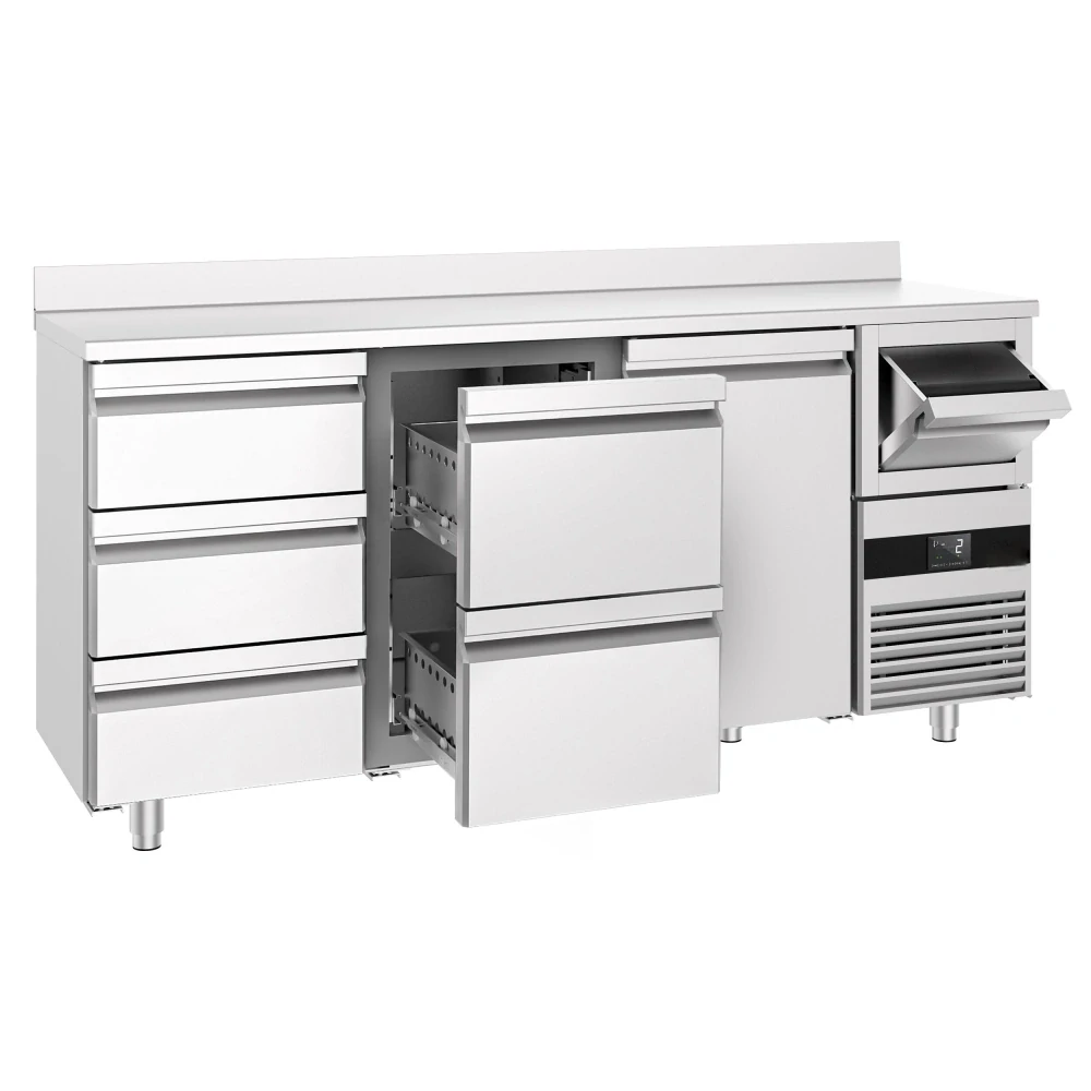 Barový chladicí stůl PREMIUM - 2130x600 mm - s 1 dveřmi, 5 zásuvkami, zadní lištou & odklepávačem na kávu