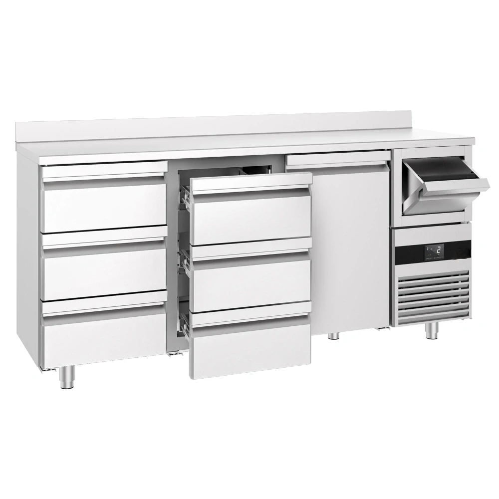 Barový chladicí stůl PREMIUM - 2130x600 mm - s 1 dveřmi, 6 zásuvkami, zadní lištou & odklepávačem na kávu