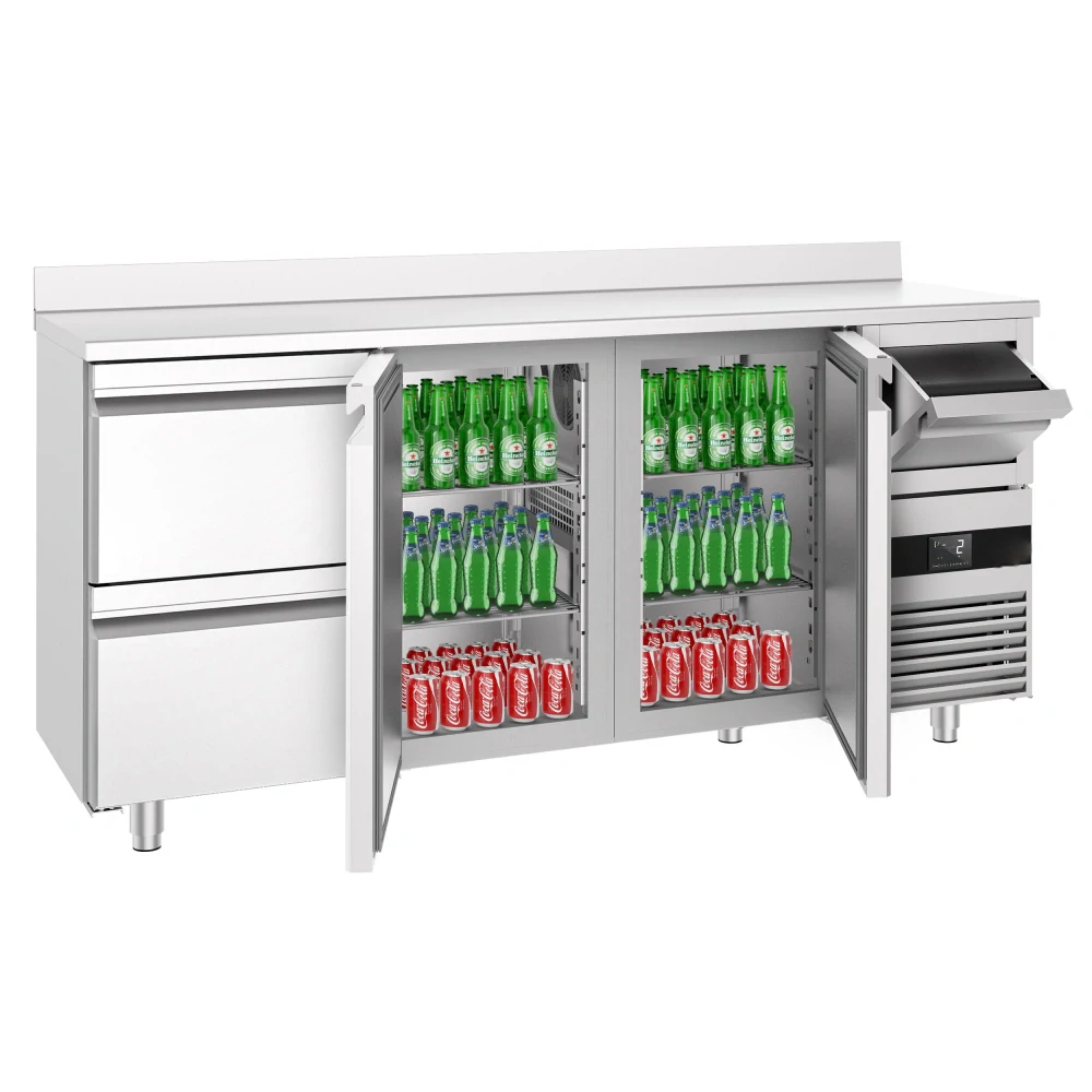 Barový chladicí stůl PREMIUM - 2130x600 mm - se 2 dveřmi, 2 zásuvkami, zadní lištou & odklepávačem na kávu
