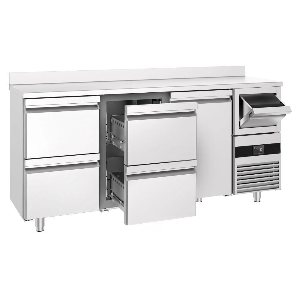 Barový chladicí stůl PREMIUM - 2135x600 mm - s 1 dveřmi, 4 zásuvkami, zadní lištou & odklepávačem na kávu
