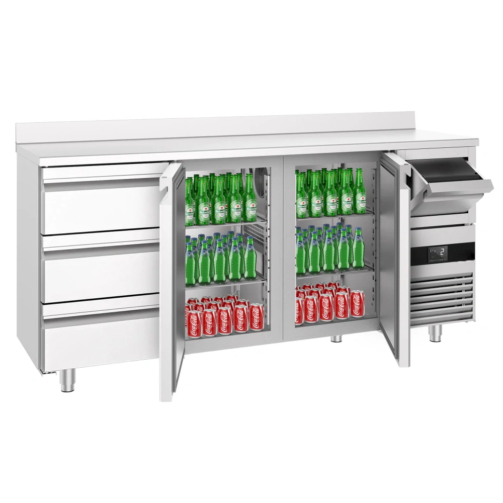 Barový chladicí stůl PREMIUM - 2135x600 mm - se 2 dveřmi, 3 zásuvkami, zadní lištou & vyklepávačem na kávu