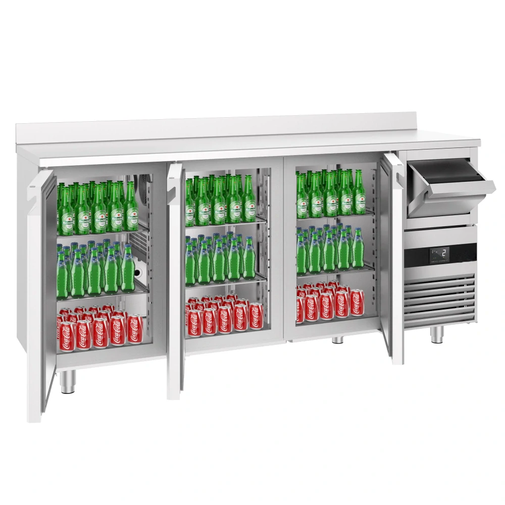 Barový chladicí stůl PREMIUM - 2135x600 mm - se 3 dveřmi, zadní lištou & odklepávačem na kávu