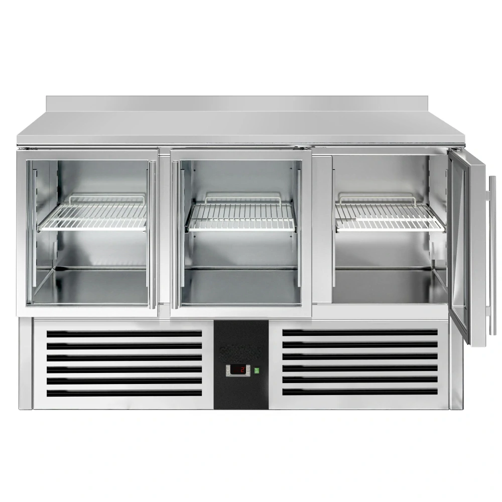 Chladicí stůl PREMIUM - 1370x700 mm - 3 skleněné dveře - zadní lišta