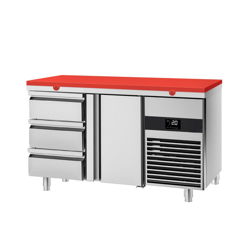 Chladicí stůl PREMIUM - 1400x700 mm - 1 dveře - 3 zásuvky - vč. červené krájecí desky
