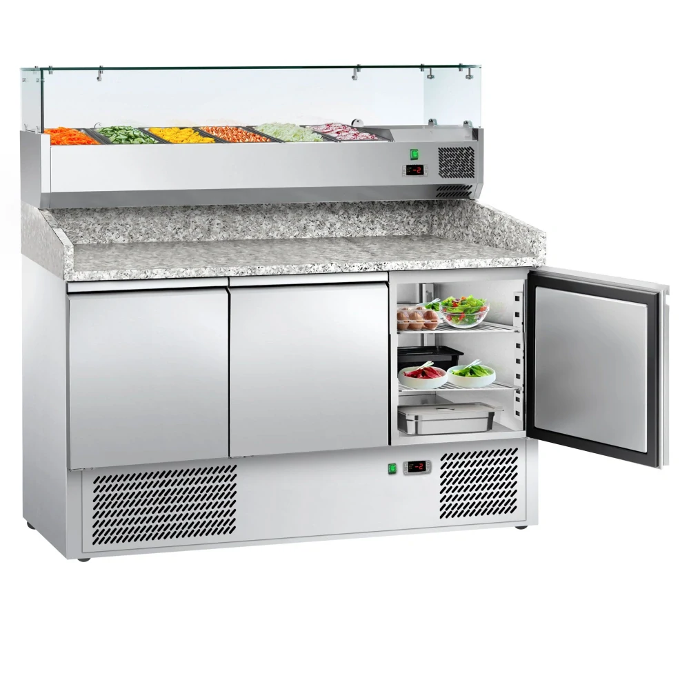 Chladicí stůl na pizzu ECO - 1400x700 mm - se 3 dveřmi - se žulovou pracovní deskou - vč. chladicí nástavbové vitríny - 6x GN 1/4