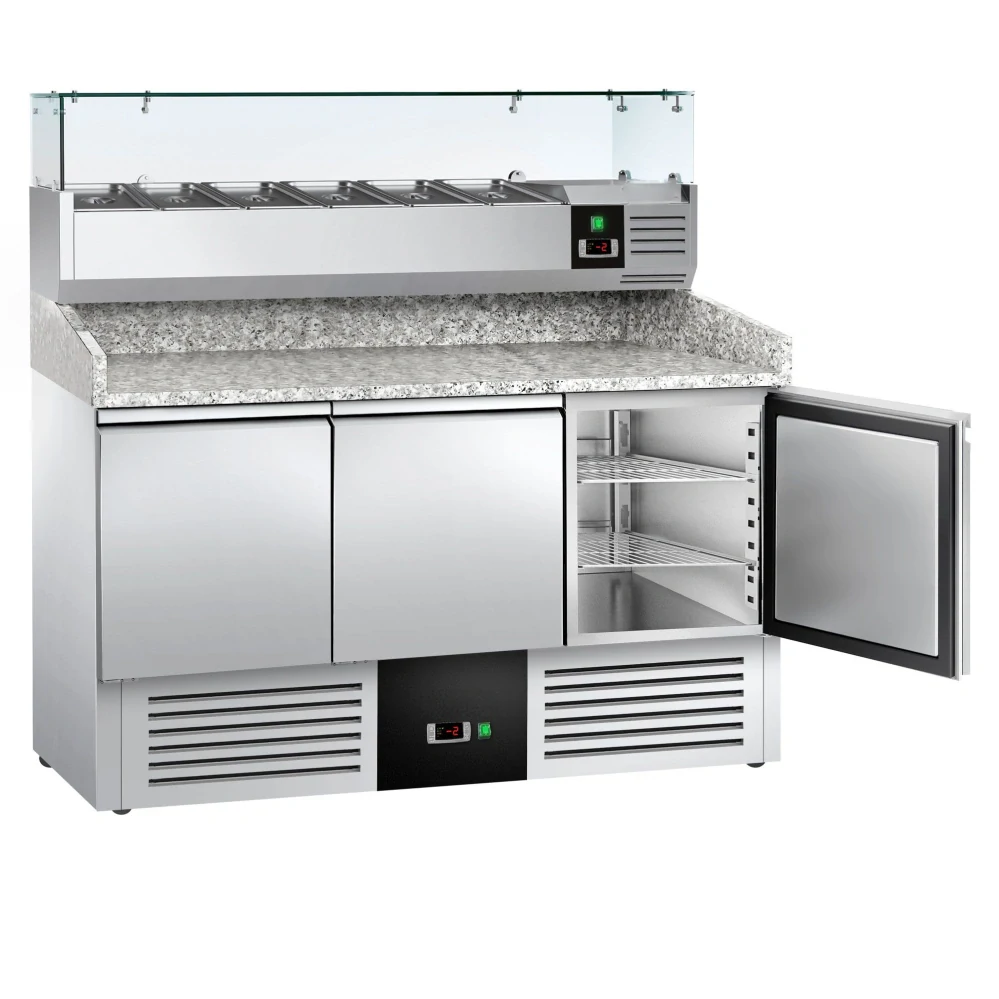 Chladicí stůl na pizzu PREMIUM - 1400x700 mm - se 3 dveřmi - vč. chladicí nástavbové vitríny - 6x GN 1/4 - se žulovou pracovní deskou
