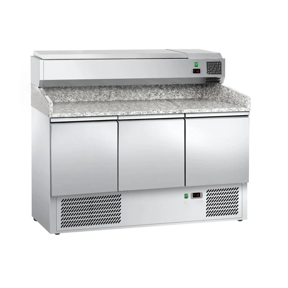 Chladicí stůl na pizzu ECO - 1400x700 mm - se 3 dveřmi - se žulovou pracovní deskou - vč. chladicí nástavbové vitríny - 6x GN 1/4