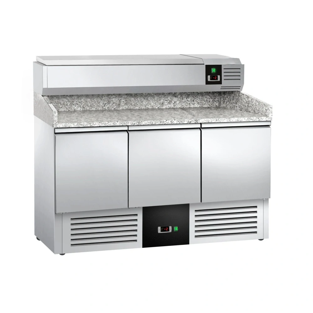 Chladicí stůl na pizzu PREMIUM - 1400x700 mm - se 3 dveřmi - se žulovou pracovní deskou - vč. chladicí nástavbové vitríny - 6x GN 1/4