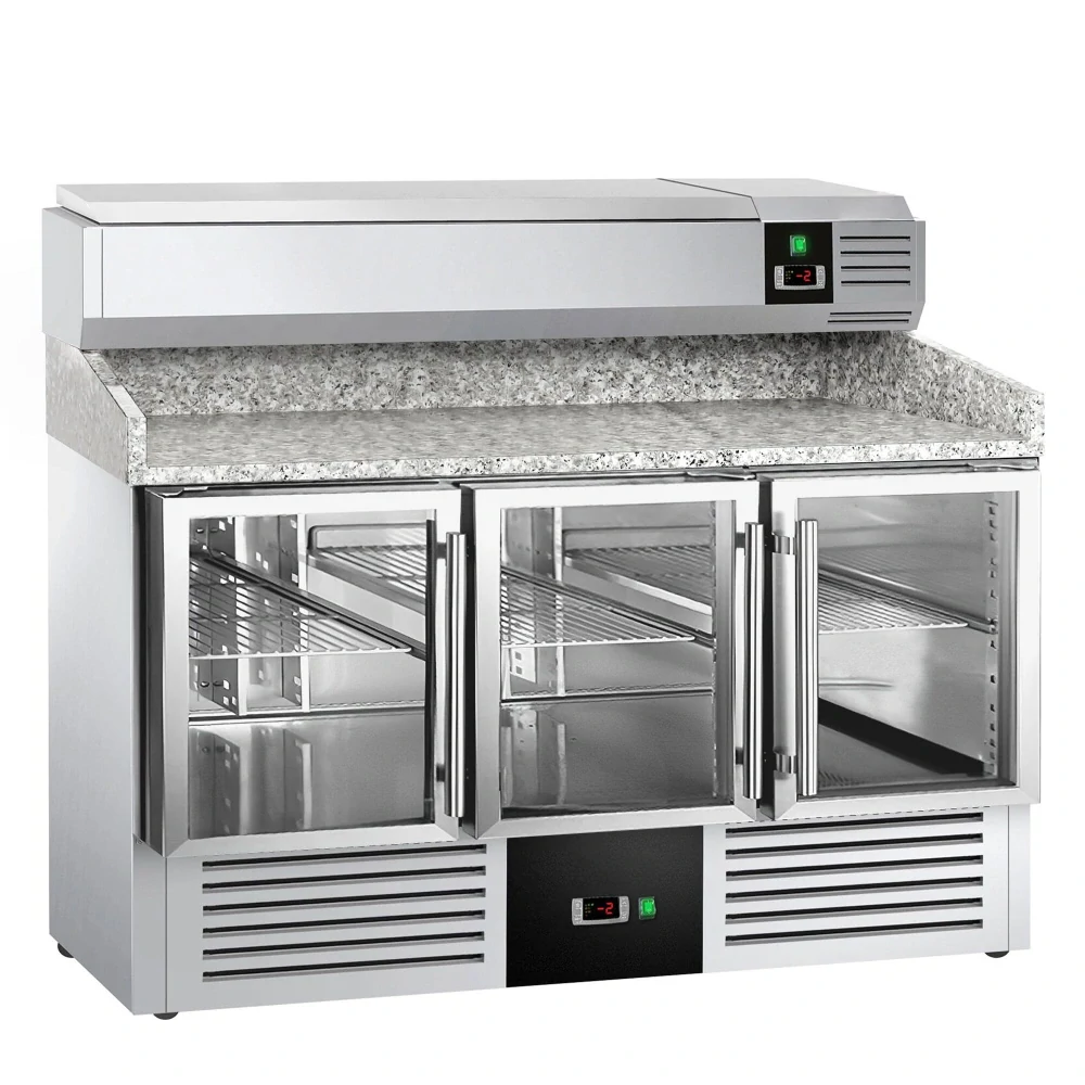 Chladicí stůl na pizzu PREMIUM - 1400x700 mm - se 3 dveřmi - se žulovou pracovní deskou - vč. chladicí nástavbové vitríny - 6x GN 1/4
