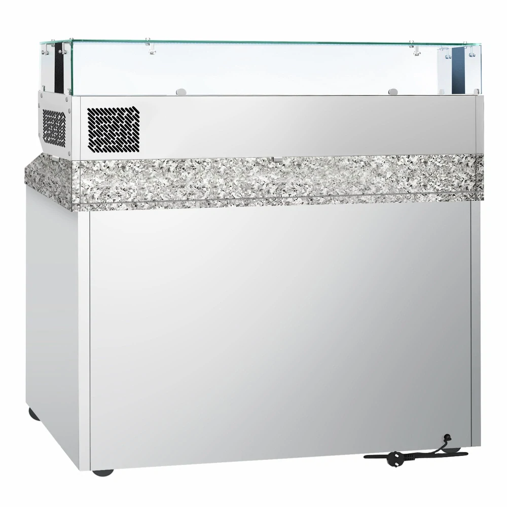 Chladicí stůl na pizzu ECO - 1400x700 mm - se 3 dveřmi - vč. chladicí nástavbové vitríny s LED osvětlením - 6x GN 1/4 - se žulovou pracovní deskou
