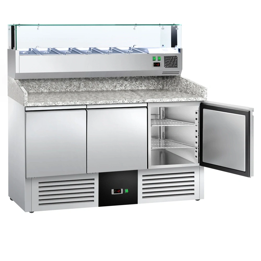 Chladicí stůl na pizzu PREMIUM - 1400x700 mm - se 3 dveřmi - se žulovou pracovní deskou - vč. chladicí nástavbové vitríny s LED osvětlením - 6x GN 1/4