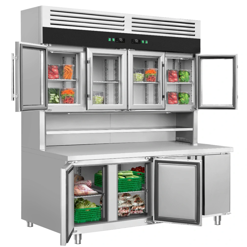 Chladicí stůl s přístěnným chladicím regálem - 1800x800x2100 mm - Dvojité zasklení - s 4 skleněnými dveřmi - s 4 dveřmi - pracovní deska