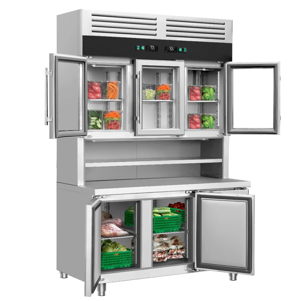 Přístěnný chladicí regál s chladicím stolem - 1350x700x2100 mm - 455 l - Dvojité zasklení - s 3 skleněnými dveřmi - s 3 dveřmi - pracovní deska