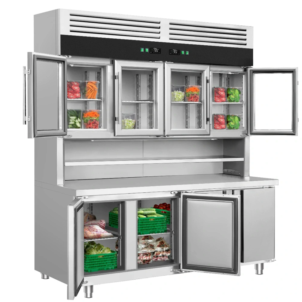 Chladicí stůl s přístěnným chladicím regálem - 1800x700x2100 mm - 655 l - Dvojité zasklení - s 4 skleněnými dveřmi - s 4 dveřmi - pracovní deska
