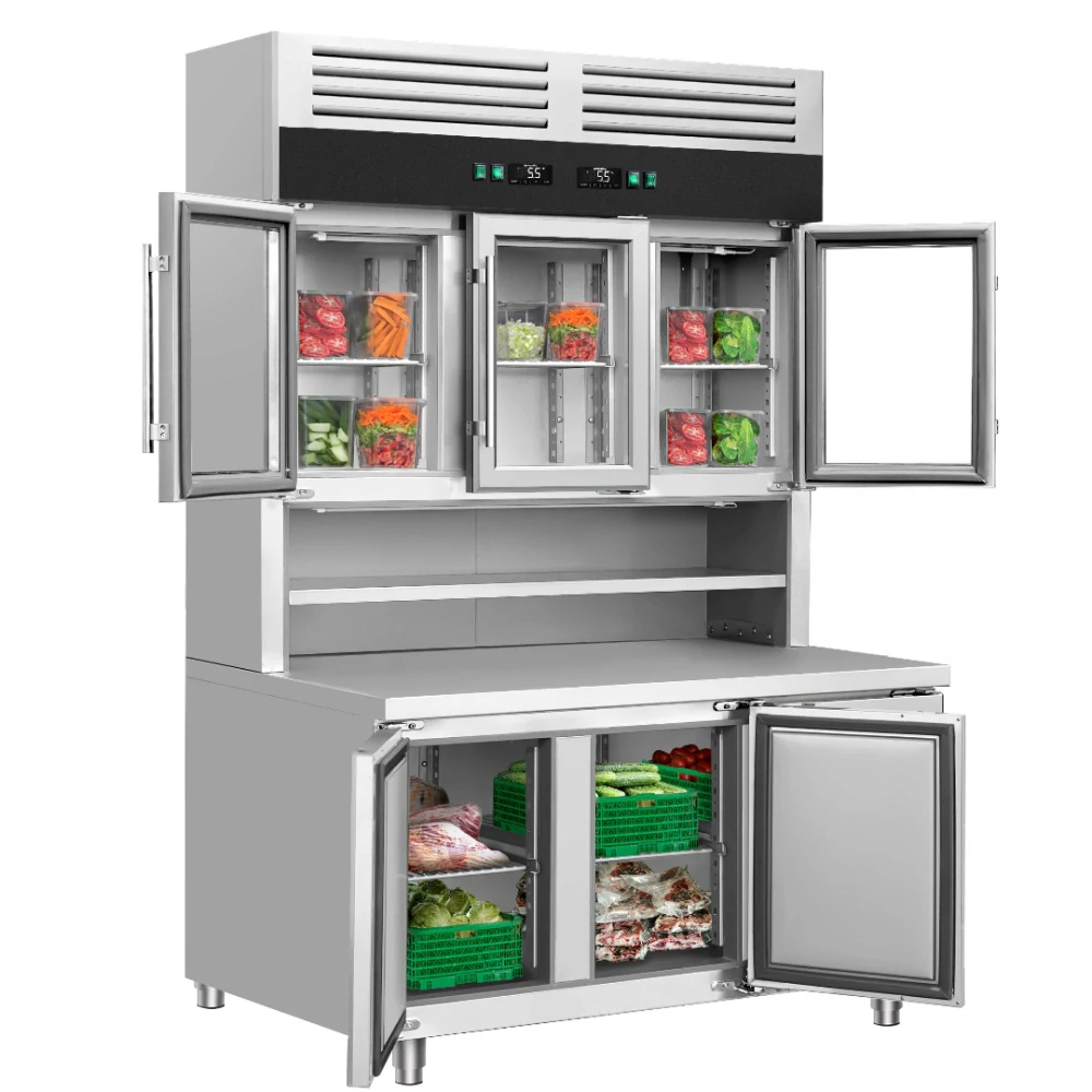 Chladicí stůl s přístěnným chladicím regálem - 1350x800x2100 mm - 520 l - s 3 skleněnými dveřmi - s 3 dveřmi - Dvojité zasklení - pracovní deska