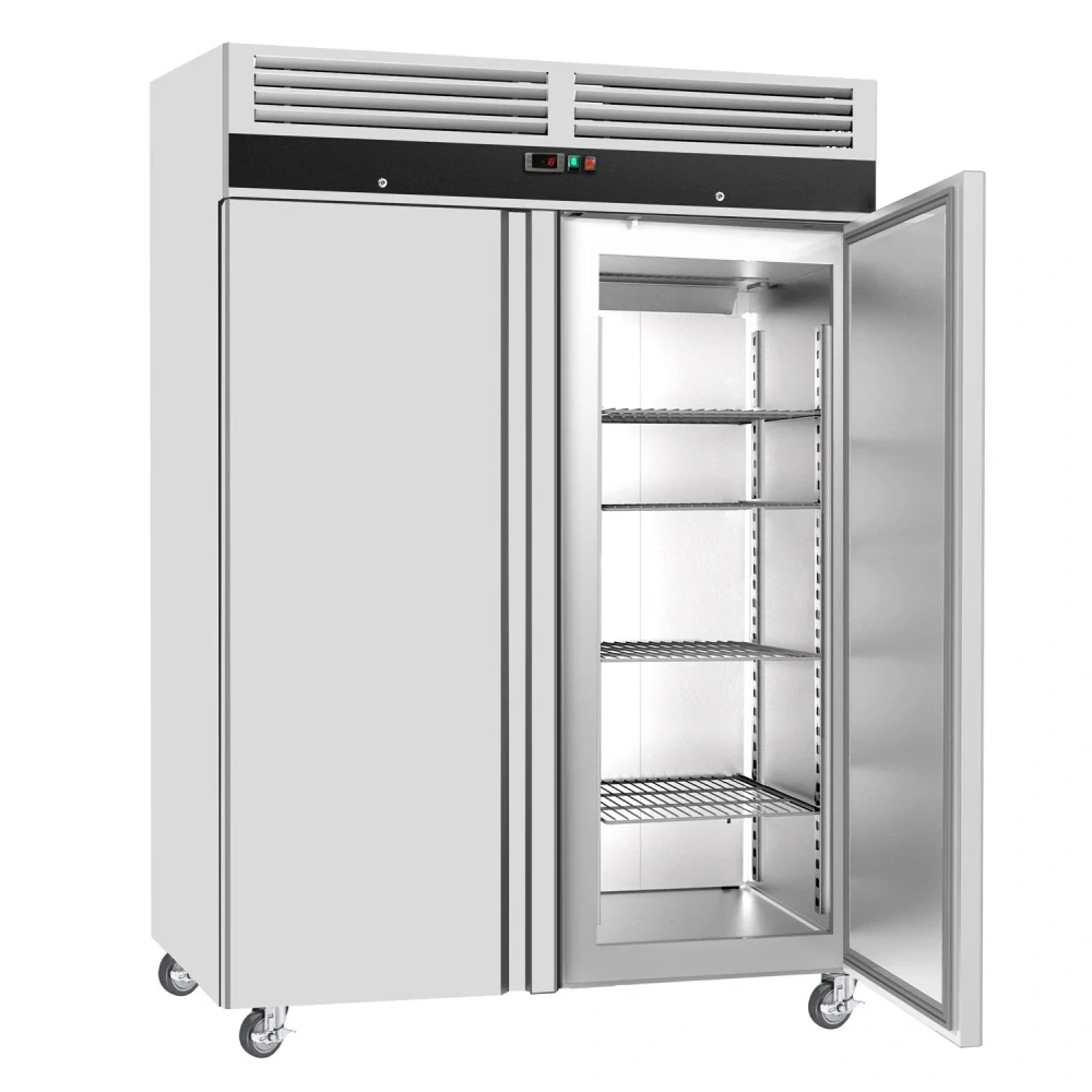 Nerezová mrazicí skříň ECO - GN 2/1 - 1480 mm - 960 l - až -22 °C - s 2 dveře - Digitální termostat; Automatické odmrazování; Ventilované chlazení; Uzamykatelné dveře