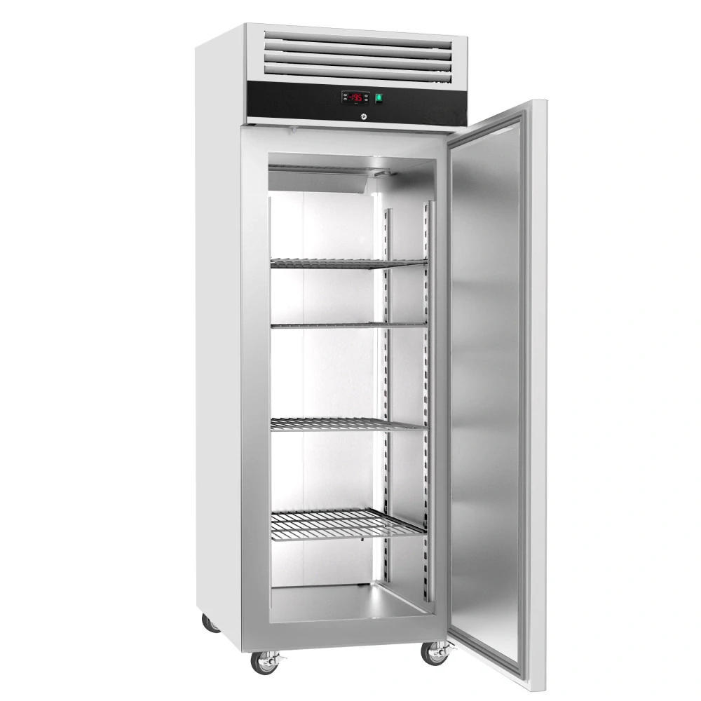 Nerezová mrazicí skříň ECO - GN 2/1 - 740 mm - 440 l - až -22 °C - s 1 dveře - Digitální termostat; Uzamykatelné dveře; Samozavírací dveře; Ventilované chlazení; Automatické odmrazování; Kolečka