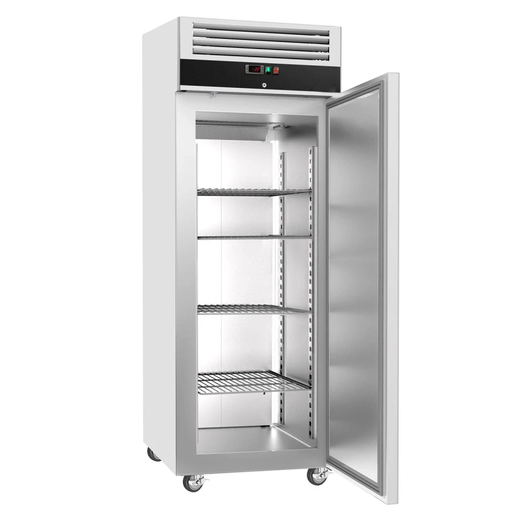 Nerezová mrazicí skříň ECO - GN 2/1 - 440 l - až -22 °C - s 1 dveře - Digitální termostat; Uzamykatelné dveře; Samozavírací dveře; Ventilované chlazení; Automatické odmrazování; Kolejnice & nosné rošty