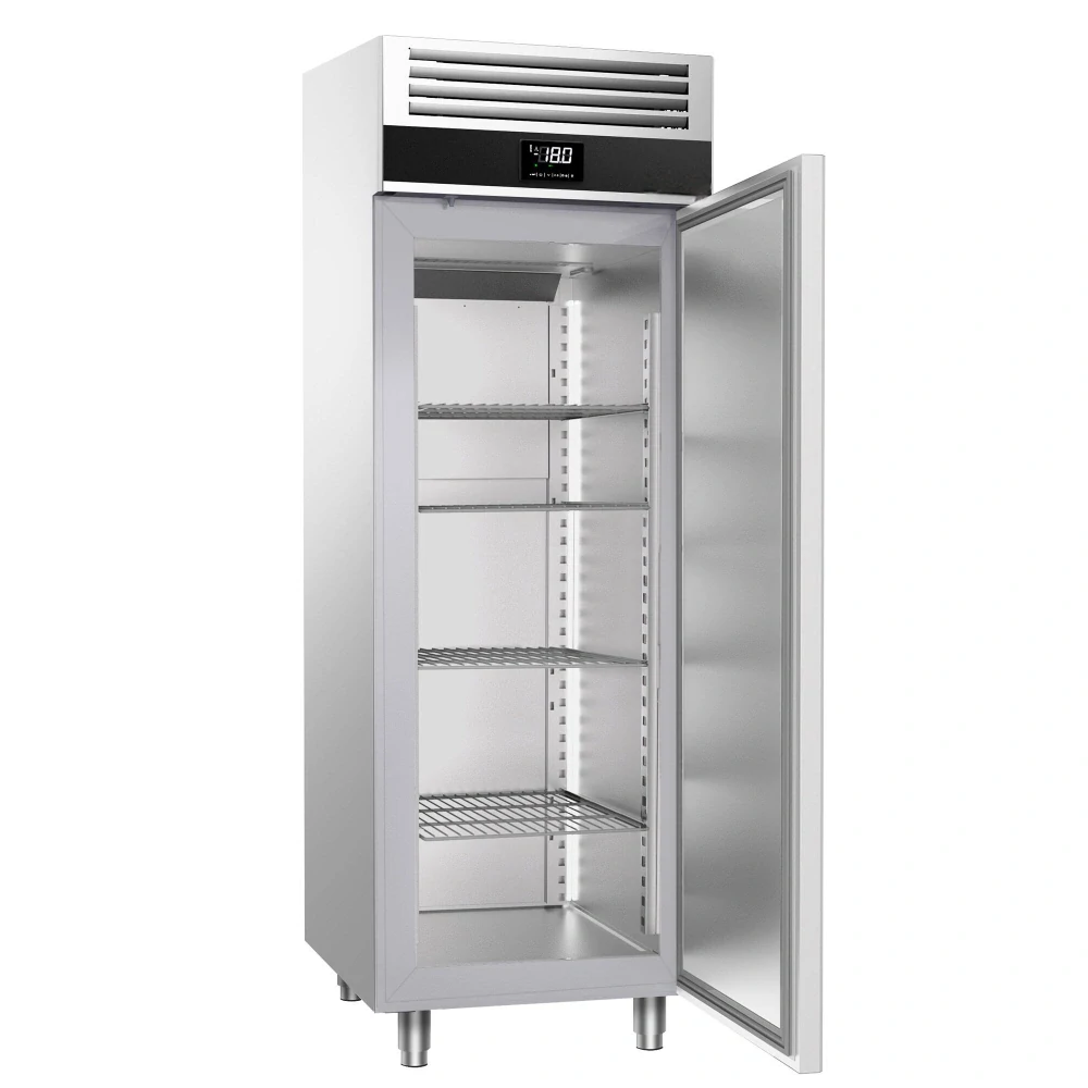 Nerezová mrazicí skříň PREMIUM - GN 2/1 - 700 mm - 700 l - až -20 °C až -12 °C - s 1 skleněné dveře - Digitální termostat; Samozavírací dveře; Ventilované chlazení; Automatické odmrazování; Vnitřní osvětlení
