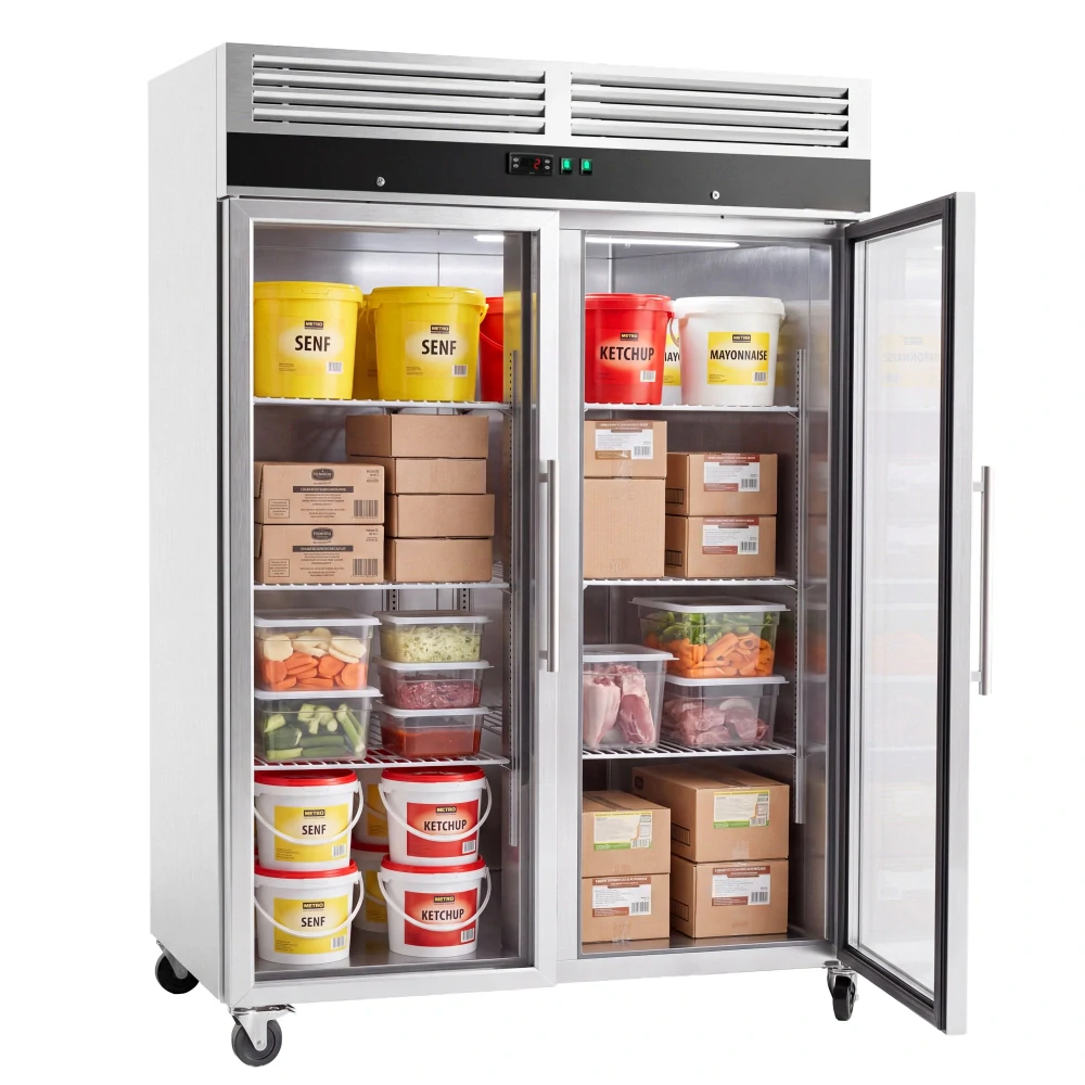 Nerezová skladovací lednice ECO - 1200 L - s 2 skleněnými dveřmi