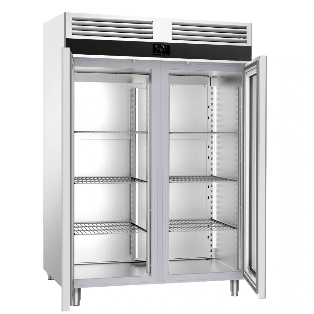 Nerezová chladicí skříň PREMIUM - GN 2/1 - 1 400 l - až +8 °C - s 2 skleněné dveře