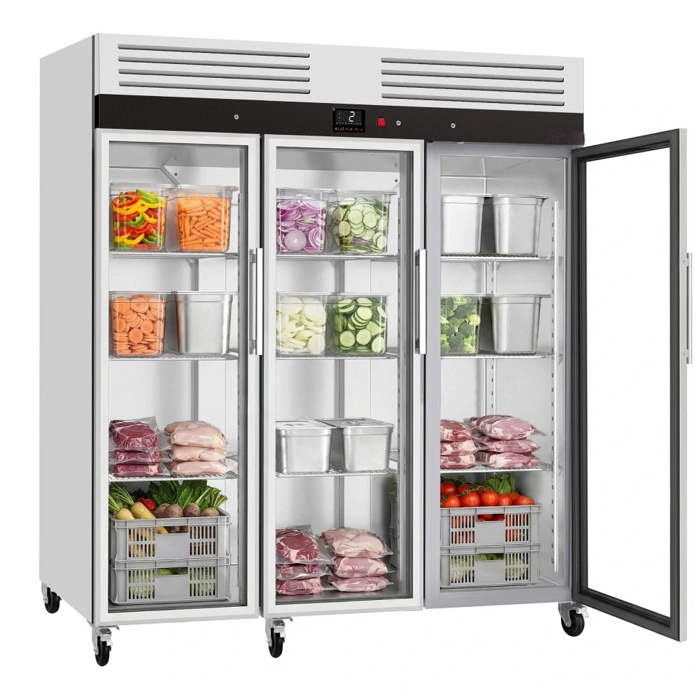 Nerezová chladicí skříň ECO – 2100 L – se 3 skleněnými dveřmi