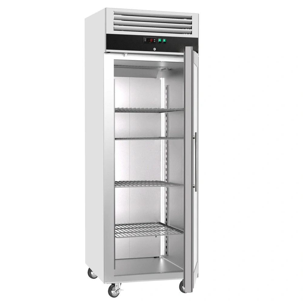 Nerezová mrazicí skříň ECO - GN 1/1 - 740 mm - 600 l - až -22 °C - s 1 skleněné dveře - Digitální termostat; Vyhřívaný rám; Ventilované chlazení; Automatické odmrazování; Uzamykatelné dveře; Kolečka