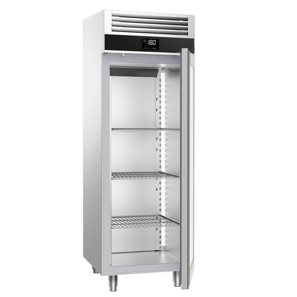 Nerezová mrazicí skříň PREMIUM - GN 2/1 - 700 mm - 700 l - až -20 °C - s 1 skleněné dveře - Digitální termostat; Samozavírací dveře; Automatické odmrazování; Ventilované chlazení