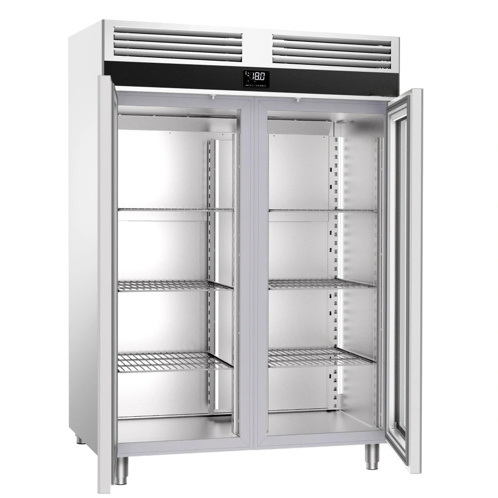 Nerezová mrazicí skříň PREMIUM - GN 2/1 - 1 400 l - až -20 °C - s 2 skleněné dveře - Digitální termostat; Samozavírací dveře; Ventilované chlazení; Automatické odmrazování