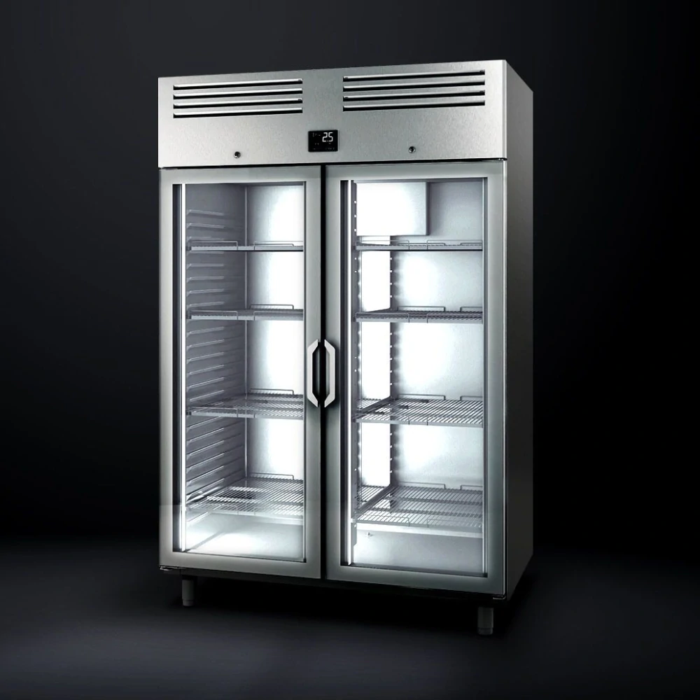 Nerezová chladicí skříň PREMIUM PLUS - GN 2/1 - 1385 mm - 1240 l - až +8 °C - s 2 skleněné dveře