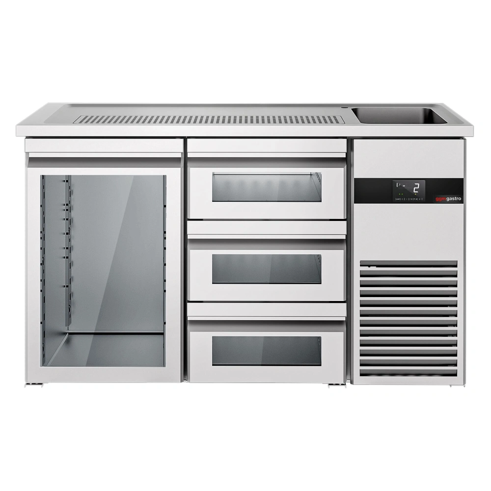 Výčepní pult PREMIUM - 1550x700 mm - 1 skleněné dveře & 3 skleněné zásuvky