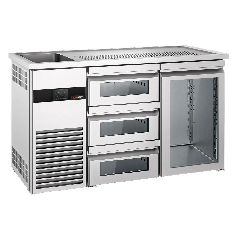 Výčepní pult PREMIUM - 1550x700 mm - 1 skleněné dveře & 3 skleněné zásuvky