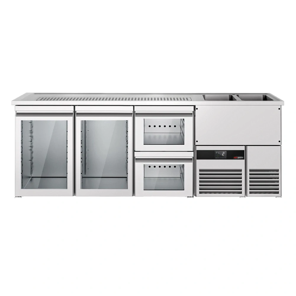 Výčepní pult PREMIUM - 2500x700 mm - 2 skleněné dveře & 2 skleněné zásuvky