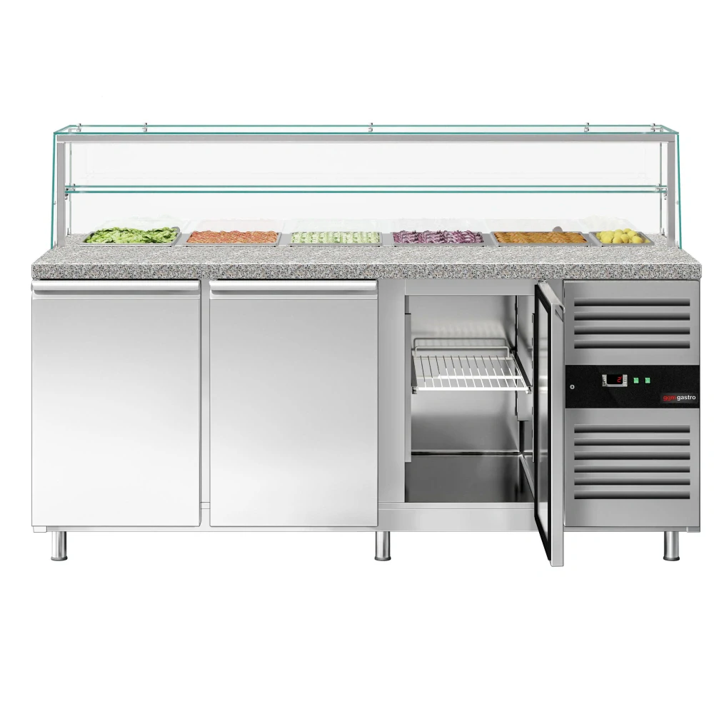 Saladeta PREMIUM - 2020 mm - 3 dveře - se skleněným nástavcem pro 5x GN 1/1 & 1x GN 2/4 & 1 police - žulová pracovní deska
