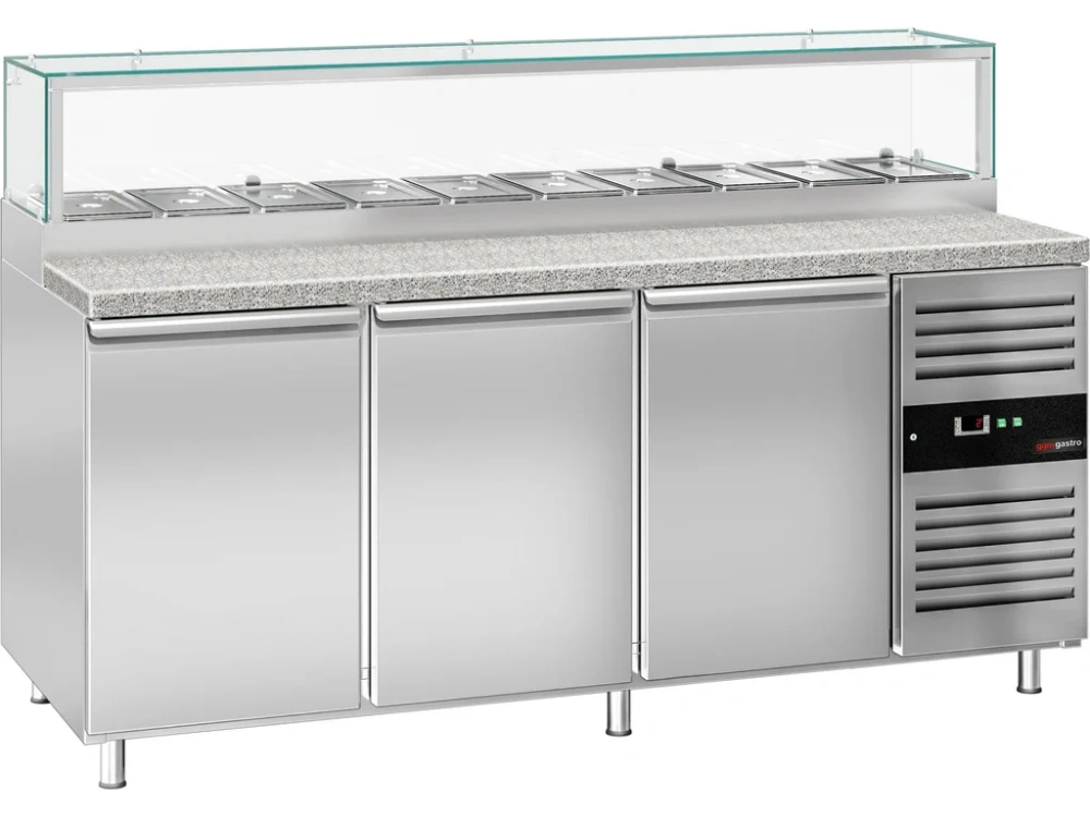 Saladeta PREMIUM - 2020 mm - 3 dveře - se skleněným nástavcem pro 10x GN 1/3 & 1 police - žulová pracovní deska