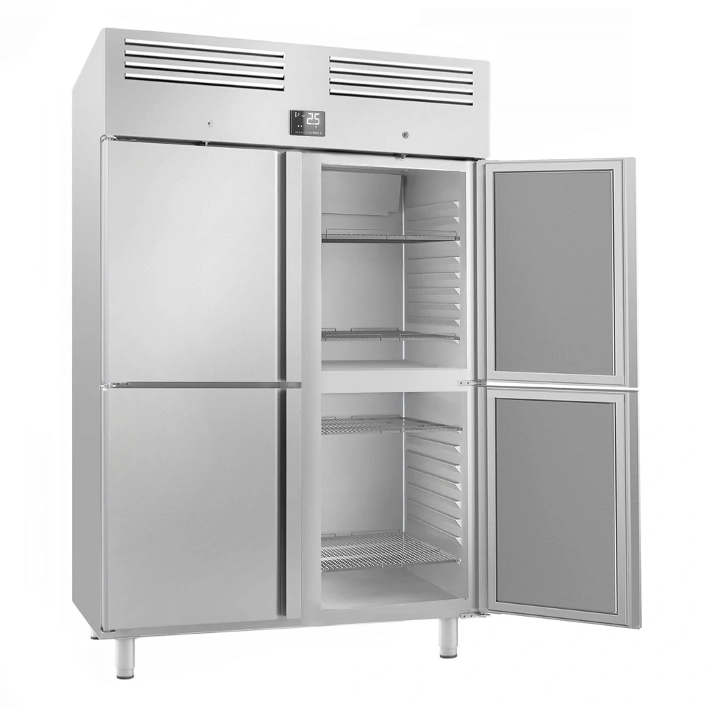 Nerezová chladicí skříň PREMIUM PLUS - GN 2/1 - 1385 mm - 1240 l - až +8 °C - s 4 poloviční dveře - Digitální termostat; Samozavírací dveře;…