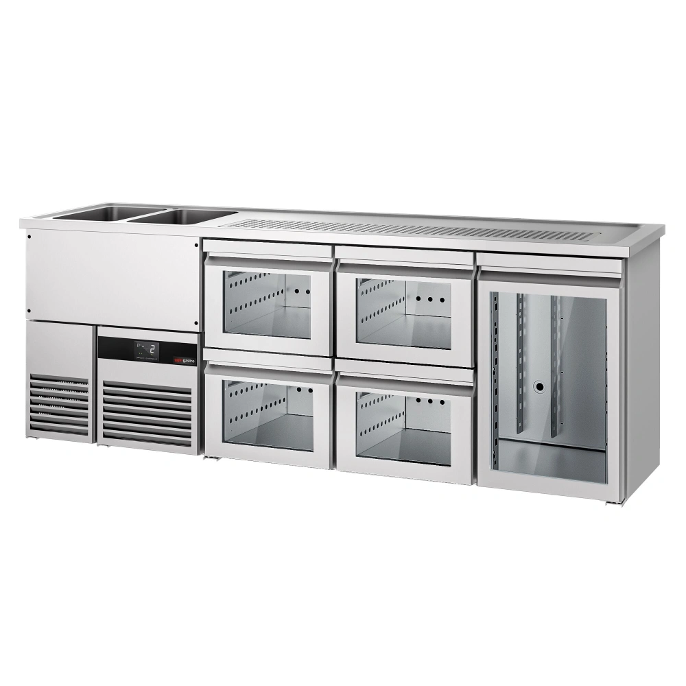 Výčepní pult PREMIUM - 2500x700 mm - 1 skleněné dveře & 4 skleněné zásuvky