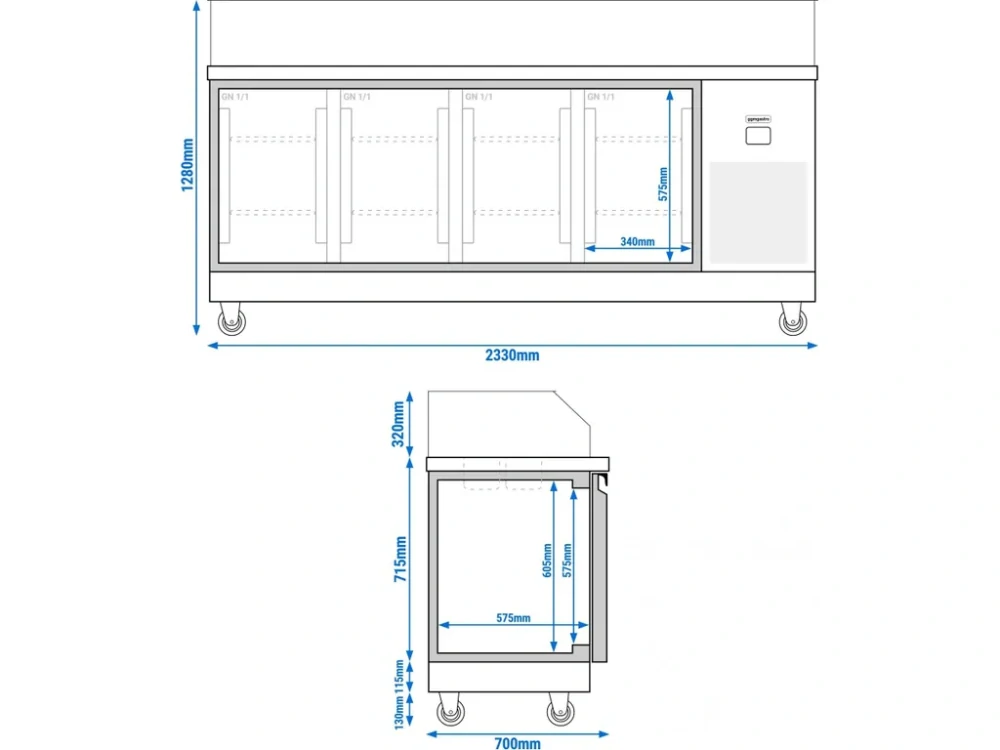 Saladeta PREMIUM - 2330 mm - 4 dveře - se skleněným nástavcem pro 10x GN 1/6