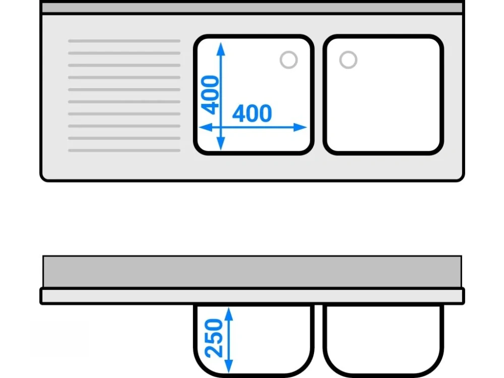 Nerezová gastro dřezová skříňka 1600×600 mm – 2 dřezy vpravo, 3 zásuvky, posuvné dveře