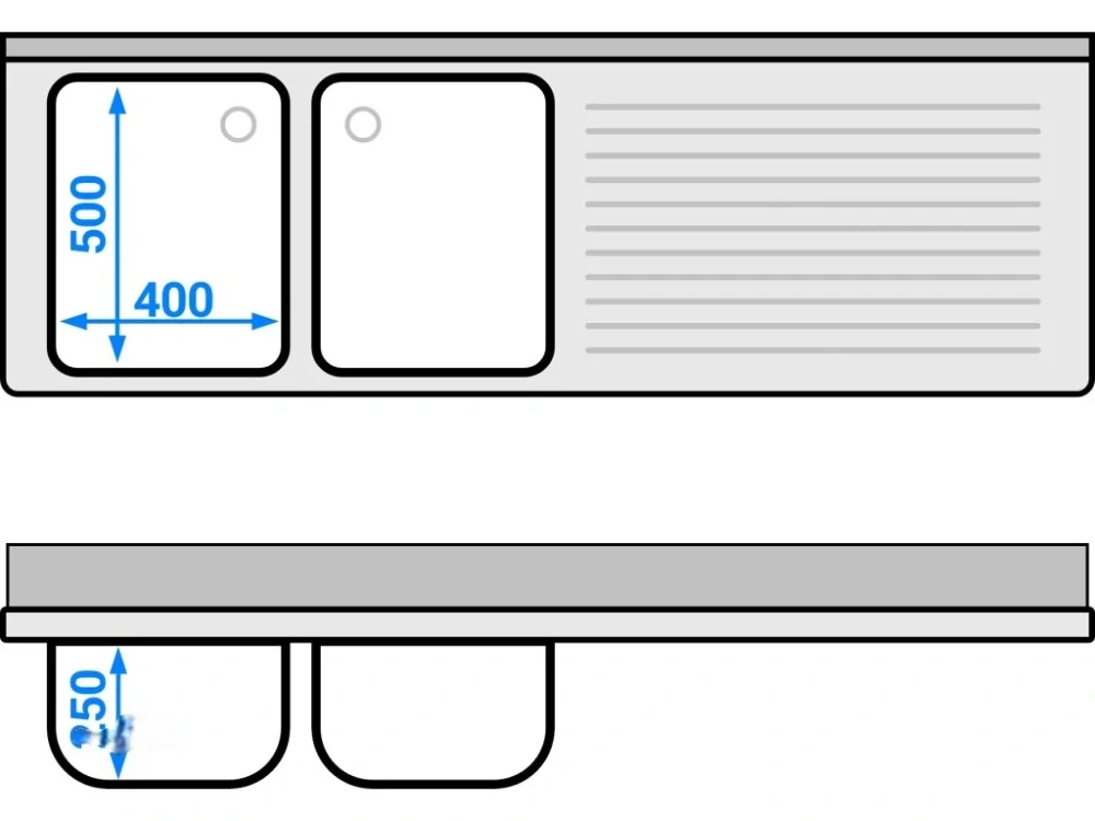 Nerezová gastro dřezová skříňka 1800×600 mm – 2 dřezy vpravo, 3 zásuvky, posuvné dveře