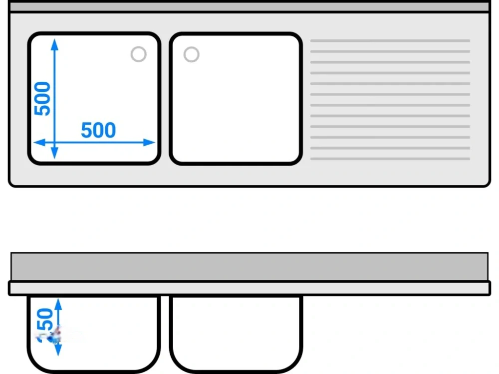 Nerezová gastro dřezová skříňka 1800×700 mm – 2 dřezy vlevo, 3 zásuvky, posuvné dveře