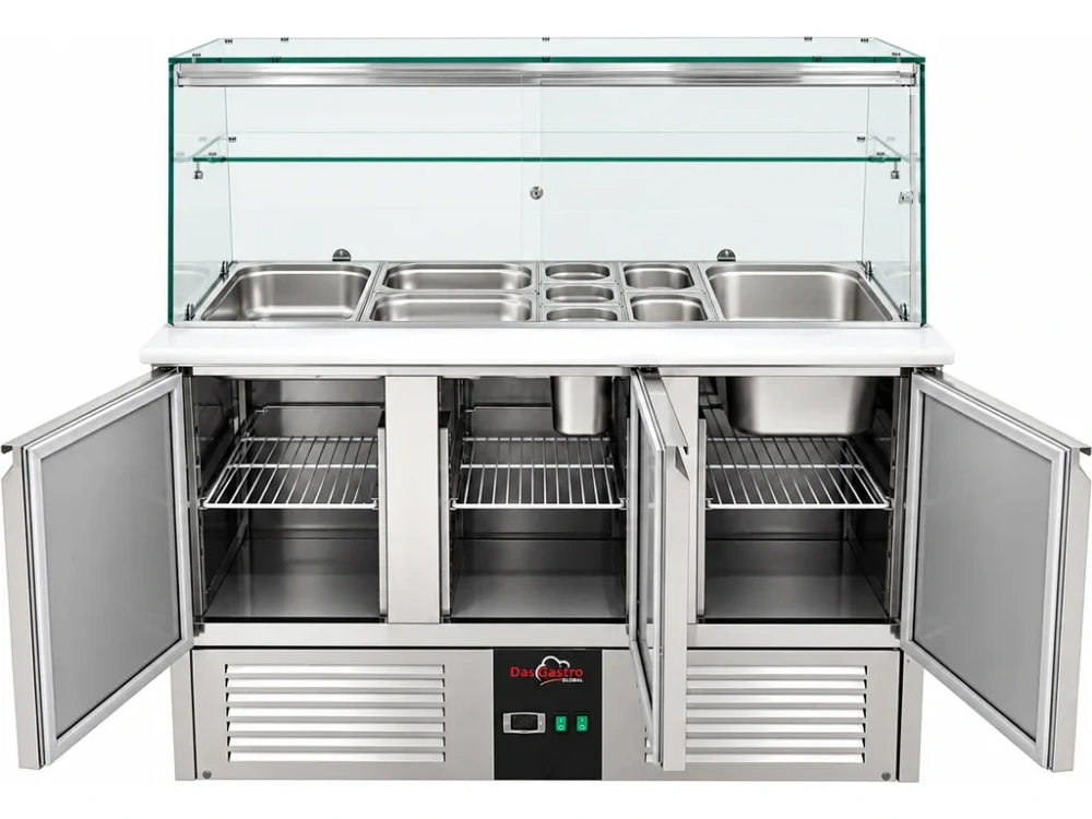 Chladící saladeta - 1 370 x 700 mm - se 3 dvířky a skleněnou nástavbou se světlem