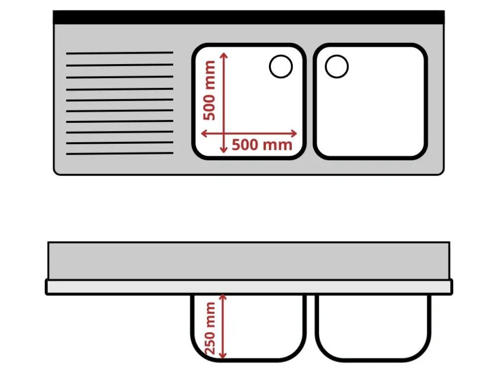 Dřezový stůl k myčce nádobí - 1 800 mm - 2 dřez vpravo - hloubka 700 mm