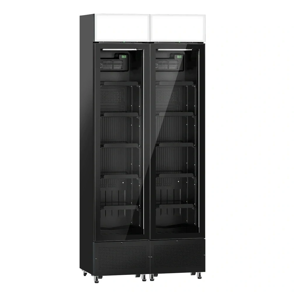 (2 kusy) Komerční chladnička na nápoje PREMIUM – bezrámová – 290 l – 2 skleněné dveře a reklamní displej