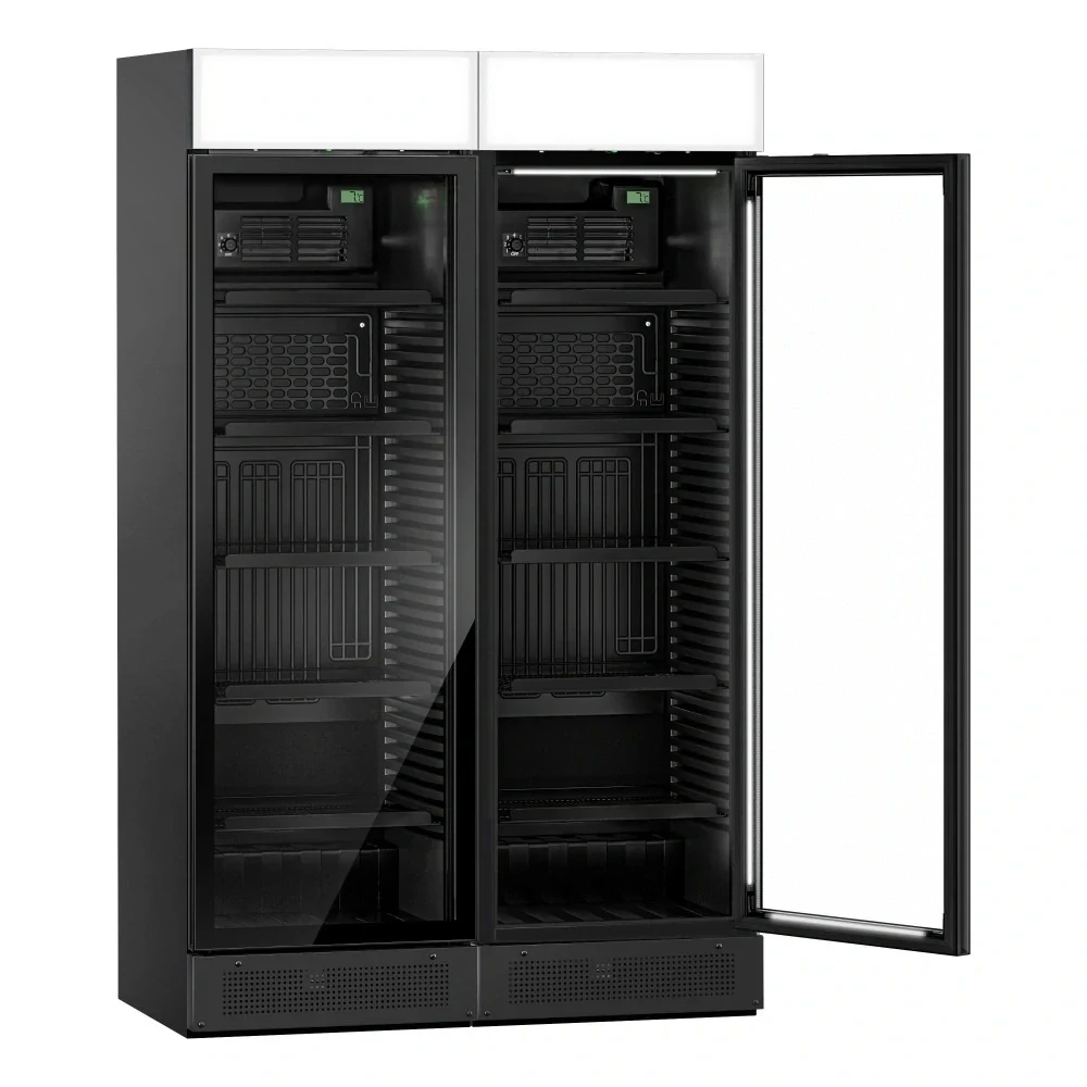 (2 kusy) Chladnička na nápoje - 690 litrů - bezrámová konstrukce - se 2 skleněnými dveřmi a reklamním displejem