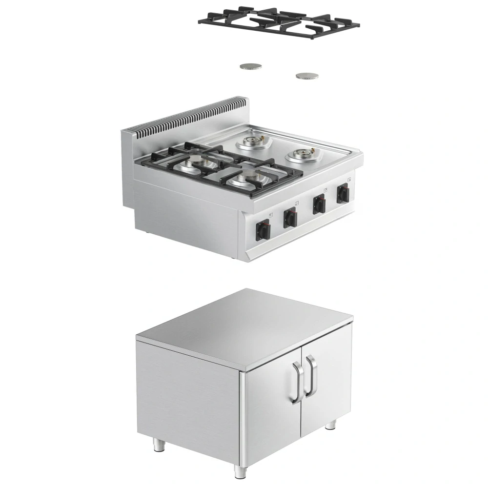 Plynový sporák - 4 hořáky (14 KW) s pilotním plamenem - vč. spodního dílu s 1 dveřmi