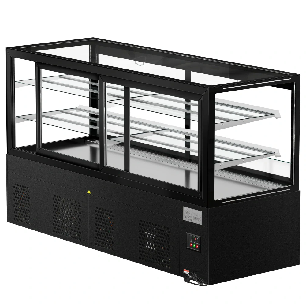 Cukrárenský pult MADRID - obslužná - 890 l - 2 000 mm - dvojité zasklení - s 2 policemi - černá matná