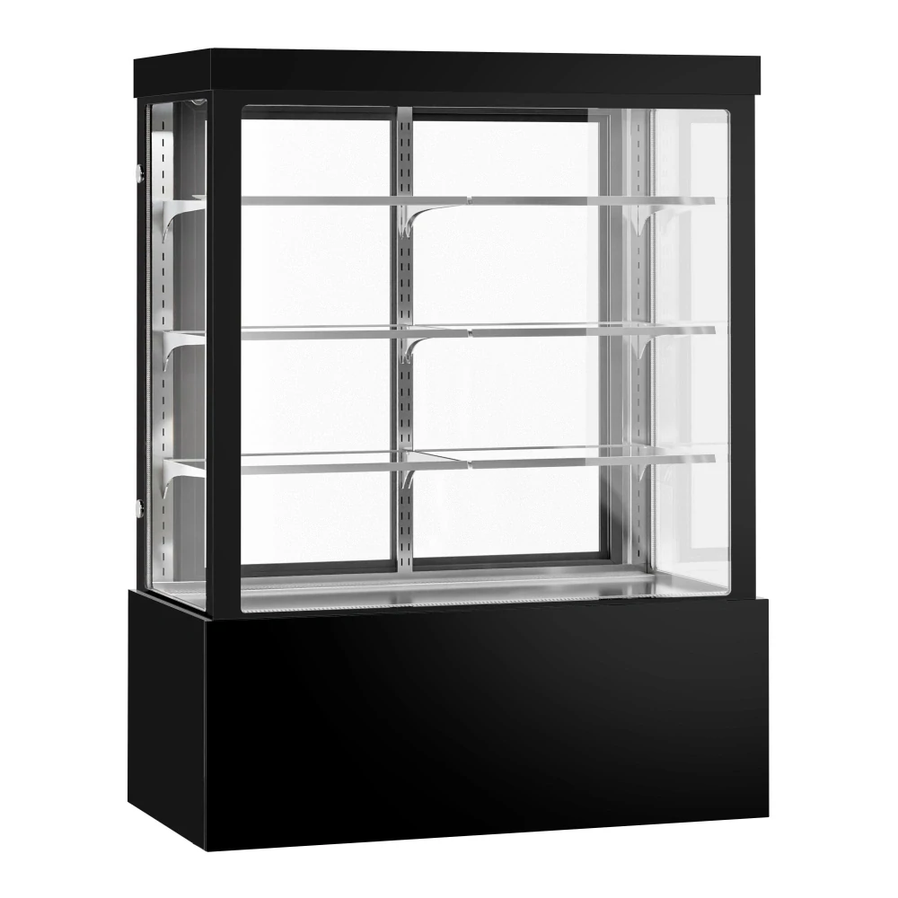 Cukrárenský pult Anna - obslužná - pro dorty - 1 400 l - 1 500 mm - dvojité zasklení - s 3 policemi - zrcadlové čelo - černá