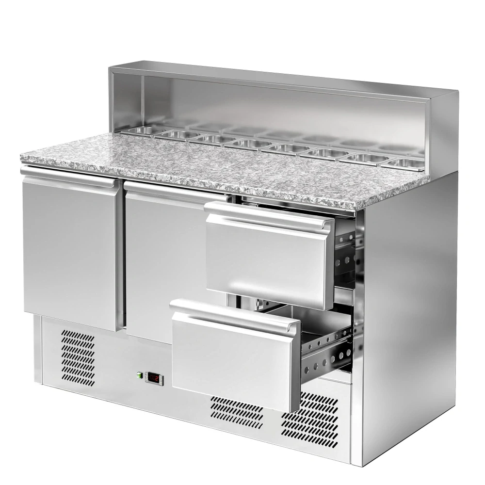 Saladeta ECO - 1368 mm - 2 dveře & 2 zásuvky - s nerezovým krytem pro 8x GN 1/6 - žulová pracovní deska